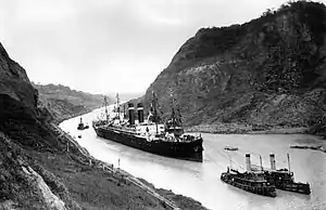 Image 9Ship at the Culebra Cut while transiting the Panama Canal, in 1915 photograph. (from History of Panama)