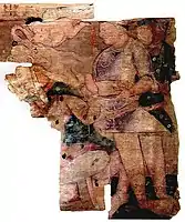 Painting of a Kushan ruler (probably Huvishka, seated) and attendants, Bactria.