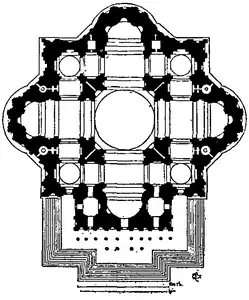 Michelangelo's design for St Peter's is both massive and contained, with the corners between the apsidal arms of the Greek Cross filled by square projections.