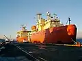 The Laurence M Gould docked at Punta Arenas, Chile, alongside her older and bigger sister, the Nathaniel B. Palmer