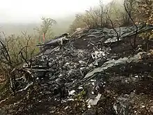 Remains of a helicopter, with the environment showing signs of fire. The only part remaining of the aircraft is the tail