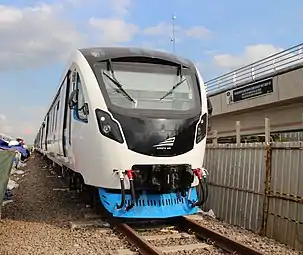 LRT Palembang rolling stock train made by PT Inka, parked at LRT Depo near OPI Mall.