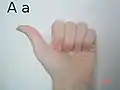 A fist with thumb extended to the side