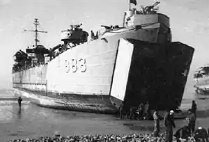 LST-883 beached, at Taeyanpyong, Korea, c. 1953