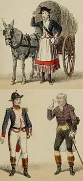 colourful costume designs of a young woman with a donkey, a young man in early 19th century French officer's uniform, and an older man in costume of the same period; he is peering through a lorgnette