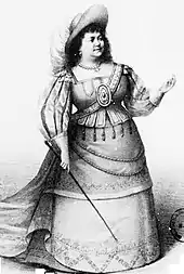 large white woman in 16th century costume, carrying a whip