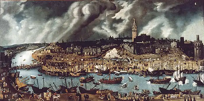 Image 16The Port of Seville in the late 16th century. Seville became one of the most populous and cosmopolitan European cities after the expeditions to the New World. (from History of Spain)