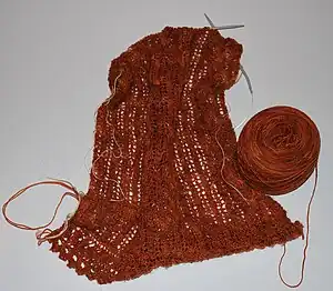 This lace stole is being knitted from variegated laceweight wool