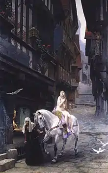 Oil painting of a naked woman on a horse being lead by a woman in servant's clothing along a street lined with tall, Tudor style buildings. The street is otherwise deserted, except for three doves which fly near the women.