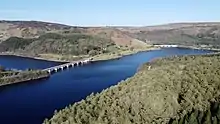 Ladybower Reservoir, showing two viaducts carrying roads over the water