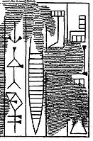 "La-eraab, great King of Gutiim" (𒆷𒂍𒊏𒀊 𒁕𒈝 𒈗 𒄖𒋾𒅎 la-e-ra-ab da-num lugal gutiim). The name is quite damaged, and was initially read "Lasiraab".