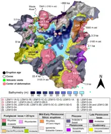 Various volcanic units surround the lake Laguna del Maule, many of which are of postglacial/Holocene age and are identified by three-letter keys