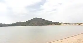 A photo of the Quartz Mountains taken from the shore of Lake Altus