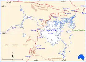 Route of Canning Stock Route relative to Kumpupintil Lake.