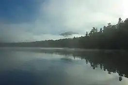 A still lake in the early morning with patchy mist, surrounded by forest