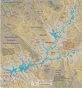 A map showing Lake Powell and the Glen Canyon National Recreation Area