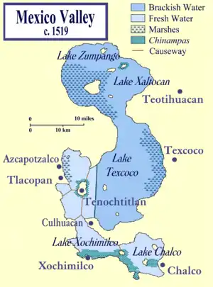 The Valley of Mexico at the time of the Spanish conquest, showing Texcoco in relation to Tenochtitlan and other cities in the Valley of Mexico.