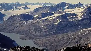 Tuttilik Lake, with Nigertuluk Glacier beyond. Lake Fjord's lake, where trans-Atlantic sea planes could perhaps have landed.