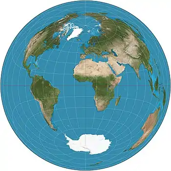 Image 4Lambert azimuthal equal-area projectionMap: Strebe, using GeocartThe Lambert azimuthal equal-area projection is a projection used for mapping a sphere to a disk. It accurately represents area in all regions of the sphere, but it does not accurately represent angles. It is used in scientific disciplines such as geology for plotting the orientations of lines in three-dimensional space, and by the National Atlas of the US in its online map-making application.More selected pictures