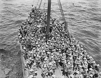 Photo by Ernest Brooks – viewing from the deck of the Transport SS Nile – of the Lancashire Fusiliers aboard the Trawler 318 used in the Dardanelles landings, before disembarking at 'W' and 'V' beaches off Cape Helles on May 5, 1915 → June 12, 1915, 2 (43): 383