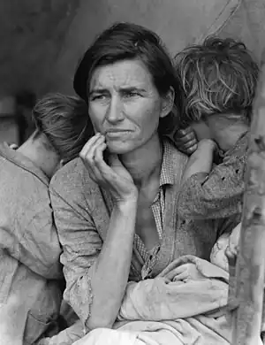 Image 26In Migrant Mother (1936) Dorothea Lange produced the seminal image of the Great Depression. The FSA also employed several other photojournalists to document the depression. (from Photojournalism)