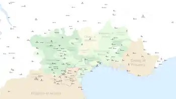 Languedoc at the beginning of the Albigensian Crusade
Dark Green: Lands belonging to the House of Toulouse

Green: Vassal lands
Yellow: Limits of Trencavel demesne