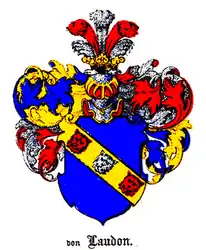 Coat of arms of the Laudon family [de], in the Baltic Coat of arms book by Carl Arvid von Klingspor in 1882.