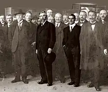 Founders Václav Klement (left) and Václav Laurin (both highlighted) next to the Czechoslovak president TGM