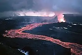 Lava flow during a rift eruption at Krafla, 1984