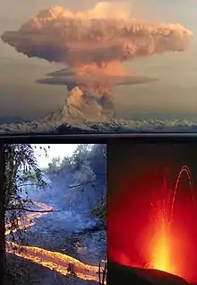 Image 9Some of the eruptive structures formed during volcanic activity (counterclockwise): a Plinian eruption column, Hawaiian pahoehoe flows, and a lava arc from a Strombolian eruption (from Types of volcanic eruptions)