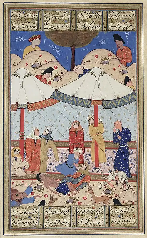 Image 1Layla and MajnunArtist: Unknown; Restoration: Lise BroerA scene from a late-16th century publication of Nezami Ganjavi's adaptation of the classical Persian story Layla and Majnun, which is based on the real story of Qays ibn al-Mulawwah, a young man from the northern Arabian Peninsula and his love Layla. There are two versions of the story, but in both, Majnun goes mad when her father prevents him from marrying her. In the depicted scene, the eponymous star-crossed lovers meet for the last time before their deaths. Both have fainted and Majnun's elderly messenger attempts to revive Layla while wild animals protect the pair from unwelcome intruders.More selected pictures