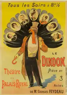 Theatre poster depicting male human body with turkey's head, wearing top hat