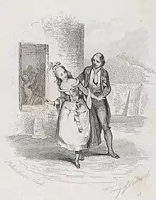 drawing of young man and young woman in 18th-century costume, in a stage setting with countryside in the background