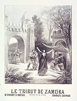 Theatrical poster depicting a young woman waving her arms about in an antique setting, with a young man and woman holding each other behind her