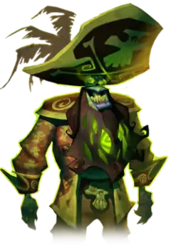 An undead man in a stereotypical pirate captain's outfit and a large tricorn hat, which bears a skull and crossbones. With green skin, illuminate green eyes and a glowing beard, the pirate is grinning manically.