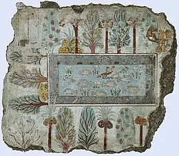 Fresco which depicts the pool in Nebamun's estate garden; c. 1350 BC; painted plaster; height: 64 cm; British Museum