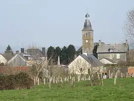 The church and surroundings in Le Mesnil-Adelée