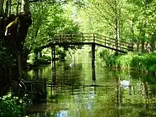 A footbridge over a canal.