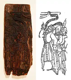 To the left, a woodblock; to the right, a print made from the woodblock.  In the print, three figures on the left look up at an arm on a crucifix.  The right side of the print is obscured.  The foremost figure speaks via a ribbon emanating from his mouth; he says in Latin: "Vere filius Dei erat iste".