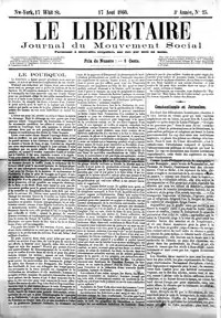 Image 23The first anarchist journal to use the term libertarian was Le Libertaire, Journal du Mouvement Social, published in New York City between 1858 and 1861 by French libertarian communist Joseph Déjacque, the first recorded person to describe himself as libertarian. (from Socialism)