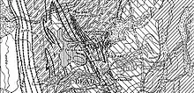 Lead Geologic Map.  Note the locations of the Ellison, Old Abe, Highland, Deadwood Terra, and DeSmet shafts, south to north.  The Caledonia Cut is labelled with a "1".: 14 