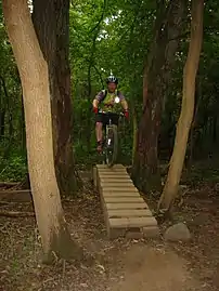 One of the narrow wooden bridges on the advanced loop of the mountain bike trail