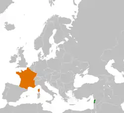 Map indicating locations of Lebanon and France