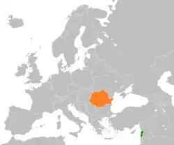 Map indicating locations of Lebanon and Romania