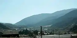 The canyon, viewed from Interstate 5 to the east; part of Lebec can be seen along Frazier Mountain Park Road