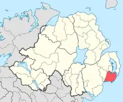 Location of the former barony of Lecale, County Down, in present-day Northern Ireland. It was based on the Irish district of Leath Cathail