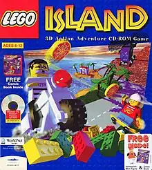 An image of a tropical island featuring buildings and foliage constructed from Lego bricks, within a blue frame. On the right, Pepper Roni, a hat-wearing Lego minifigure on a skateboard, throws a pizza at the head of The Brickster, a Lego minifigure wearing a prison uniform and riding a Lego motorcycle, on the left. A pile of Lego bricks is displayed at the bottom of the box. The game's logo, "Lego Island", is positioned at the top, while several company logos and included offers are listed along the sides.