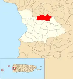 Location of Leguísamo within the municipality of Mayagüez shown in red