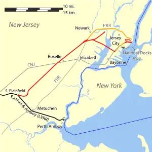 Map of lines approaching the Hudson waterfront from the south; the grey Central New Jersey line from Bayonne to Elizabeth was carried by Newark Bay Bridge