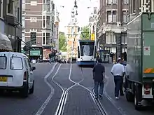 Public transport, goods delivery, private transport and pedestrians in Leidsestraat, Amsterdam